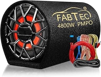 FABTEC 10” 4800W Active Bass Tube Subwoofer for Car Built-in Amplifier Deep Punchy Bass Premium Grey Finish with Amplifier Wire kit
