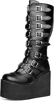 Gothniero High Platform Knee Boots Chunky Heel Wedge Black Boots For Women Combat Goth Punk Motorcycle Booties Zip up With Metal Buckles Size5-11