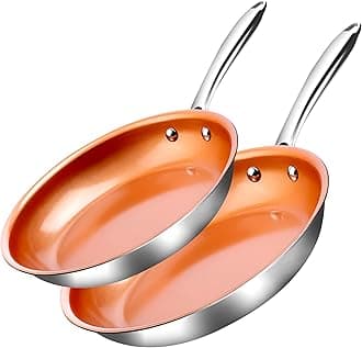 10 + 11 Inch Ceramic Non Stick Frying Pans Nonstick Skillet, Stainless Steel Pans for Cooking Non Toxic, Nonstick Frying Pan Skillets, Copper Fry Pans, Oven and Dishwasher Safe