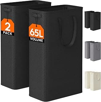 Lifewit 2 Pack Slim Laundry Hamper, Collapsible Narrow Laundry Basket, Small Tall Dirty Clothes Hampers with Handles for Bathroom Bedroom College Dorm, Black, 65L