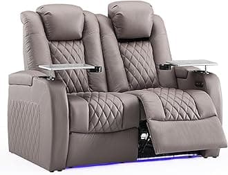 Weilianda Home Theater Seating Top Grain Leather Zero Gravity Recliner Chair Power Headrest Recline Movie Seat Gaming 7 Colors Mood Light Sofa with Tray Table USB Charge Row of 2 Loveseat Grey