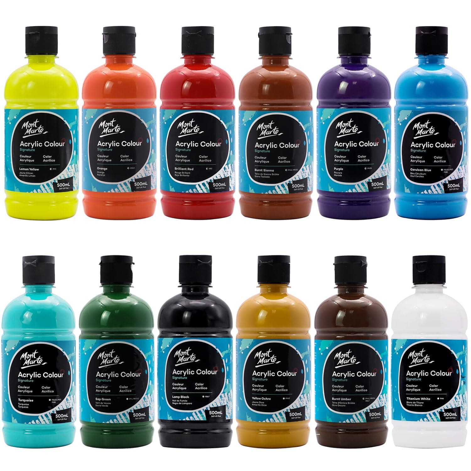 Signature Acrylic Paint Set, 12 x 500ml (16.9oz), Semi-Matte Finish, 12 Colours, Suitable for Most Surfaces