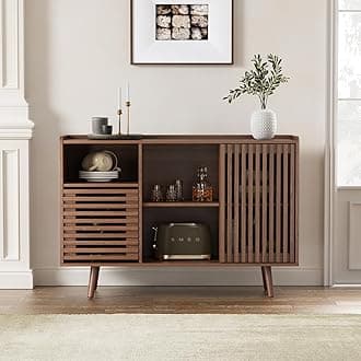 FiveWillowise 47.2" Buffet Cabinet with Storage, Mid-Century Sideboard Coffee Bar Cabinet with Sliding Door for Living Room, Dining Room, Kitchen, Hallway, Walnut