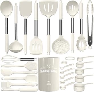Kitchen Utensils Set-Umite Chef 26 Pcs Silicone Cooking Utensil Set for Nonstick Cookware-Large Silicone Spatulas Set, Stainless Steel Handle-Cream Kitchen Tools, Dishwasher Safe
