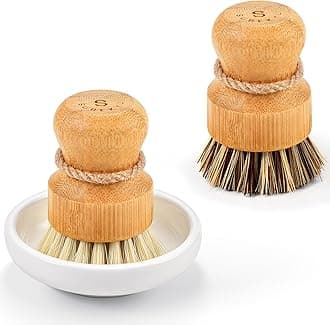 SUBEKYU Bamboo Dish Scrub Brushes, Kitchen Wooden Cleaning Scrubbers Set for Washing Cast Iron Pans/Pots, Set of 2