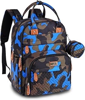 BabbleRoo Diaper Bag Backpack - Baby Essentials Travel Tote - Multi Function Water Resistant Diaper Bag, Travel Essentials Baby Bag with Changing Pad, Stroller Straps & Pacifier Case - Blue Camo