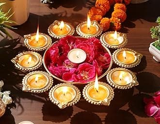 R Ayurveda Copper Candle Holder Urli Set - Traditional Diya Tealight Holder for Home, Office and Table Decor, Golden, Standard, 20.0 x 10.0 x 8.0 cm, 100.0 grams