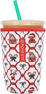 Reusable Neoprene Insulator Sleeve for Iced Coffee & Cold Soda, Coffee Sleeves for Iced & Hot Drinks, Cold Beverage Cooler Compatible with Starbucks, Dunkin (Bow Christmas, Medium: 22-24oz)