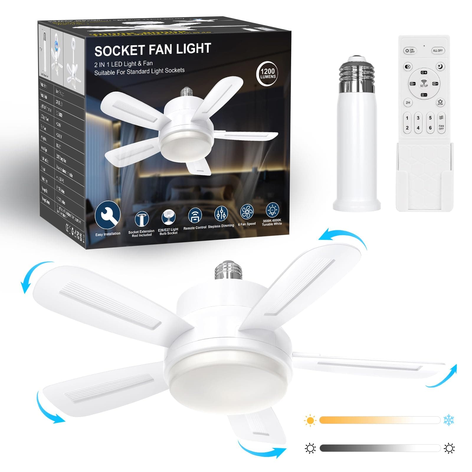 DUSKTEC Socket Fan Light 6-Speeds 15.7'' E26 Base Screw in Small Ceiling Fans with Lights and Remote, 1200 Lumens 3 Color 3000K-6000K Dimmable Mini Light Bulb Fan for Bedroom Kids Room Garage Kitchen