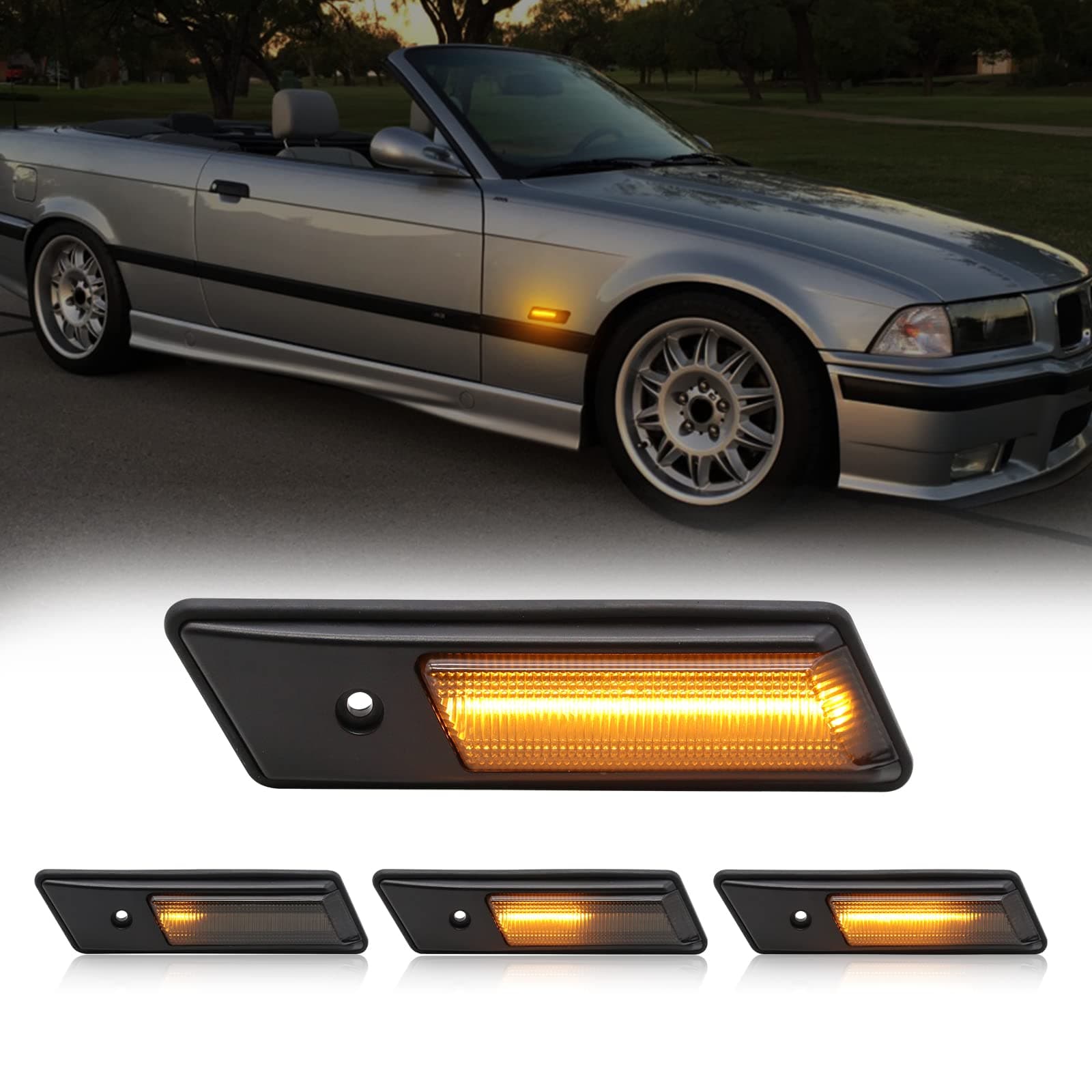 Sequential LED Turn Signal Light Replacement for 3 Series E36 M3 316i 318i 318is 320i 323i 325i 328i 1992-1996, Smoked Lens Front Flow Amber Side Indicator Marker Dynamic Lamp