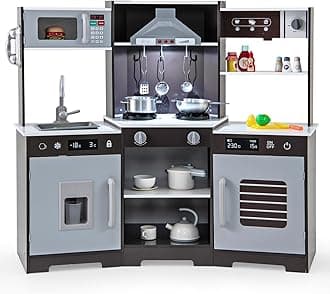 COSTWAY Kids Corner Play Kitchen, Wooden Pretend Toy Kitchen with Realistic Lights & Sounds, Range Hood, Ice Maker, Sink, Faucet, Utensils, Children's Chef Role Play Set for Boys Girls (Coffee)