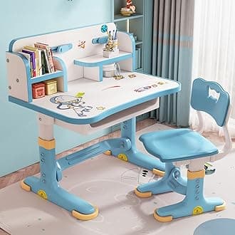 Remorui Kids Desk and Chair Set, Adjustable Height Study Table Set, Sturdy School Study Table for Kids with Golden Distance Design, Homeschooling Writing Desk with Desktop for Boys and Girls