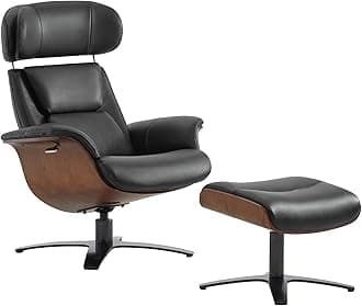 Genuine Leather Reclining Swivel Chair with Adjustable Headrest and Ottoman for Living Room, Black