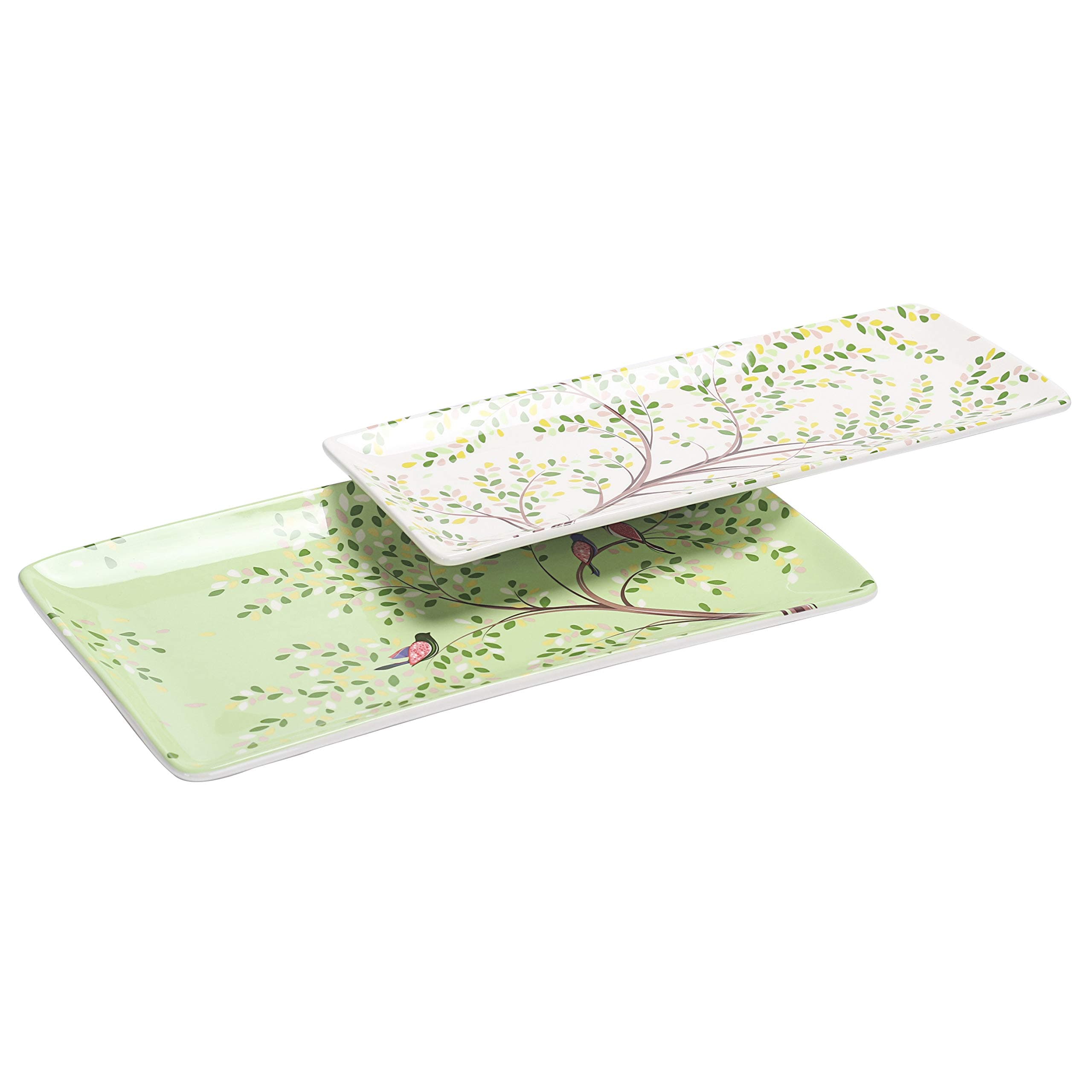 Bico Bird On Tree Ceramic 14 inch Rectangular Serving Platter, Set of 2, for Serving Salad, Pasta, Cheese, Ham, Appetizer, Microwave & Dishwasher Safe