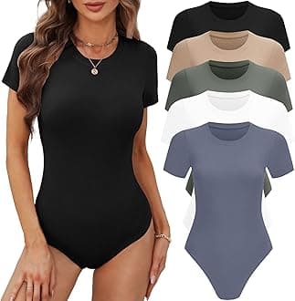 BALENNZ Women's 4/5 Pack Short Sleeve Round Neck Bodysuit Tops Crew Neck Basic Casual Tshirt Bodysuits, 5 Pack Black,white,olive Green,nude,dark Blue, Medium