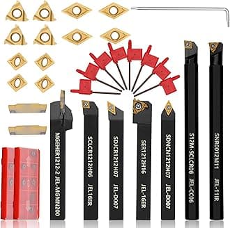 Indexable Lathe Turning Tool 21Pcs Kit 1/2'' 12mm Shank 7 Pcs Metal Lathe Tool Holder Set with 14 Pcs Turning Inserts for Turning Grooving Threading Boring Carbide Inserts Carbide Turning Tool