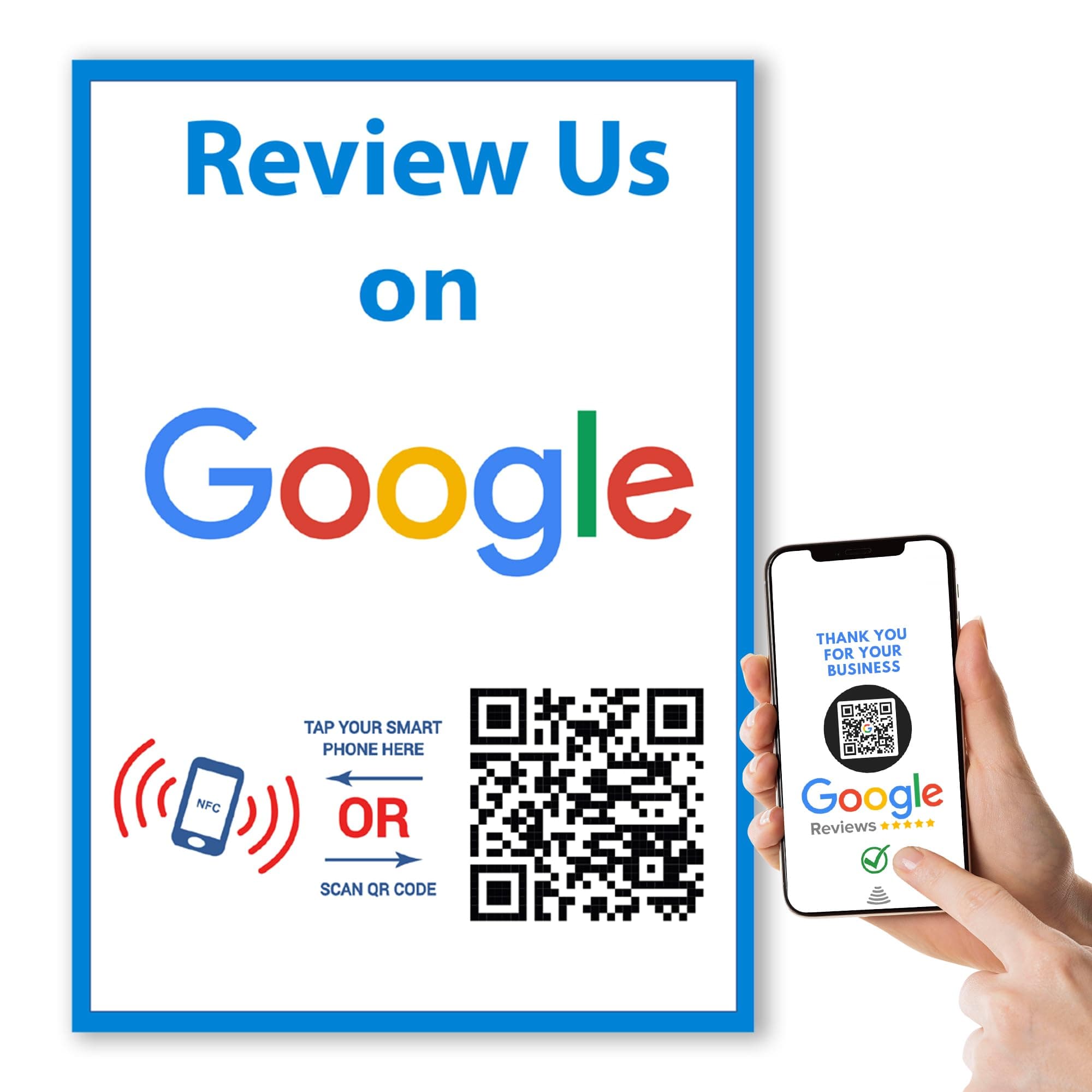 Review Us On Google Sticker - Touchless QR Code and NFC Tag - Two-Sided Social Media Storefront Window Decal - Custom-Designed for Google