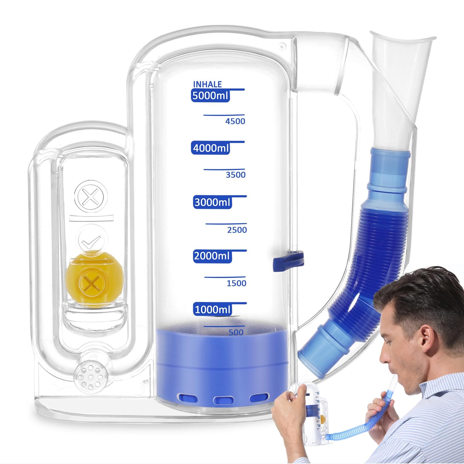 Incentive Spirometer, Breathing Exercise Device for Lungs, 5000ml Capacity for Deep Inhalation, Durable Medical-Grade PC Material Airflow Indicator for Steady Inhalation Practice