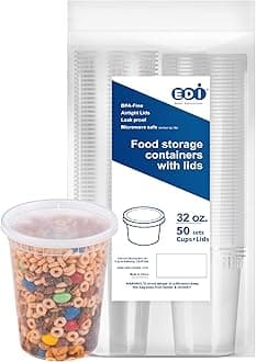 EDI[32 OZ, 100 Sets] Plastic Deli Food Storage Containers with Airtight Lids | Microwave-, Freezer-, Dishwasher-Safe | BPA Free | Heavy-Duty | Meal Prep | Leakproof | Recyclable