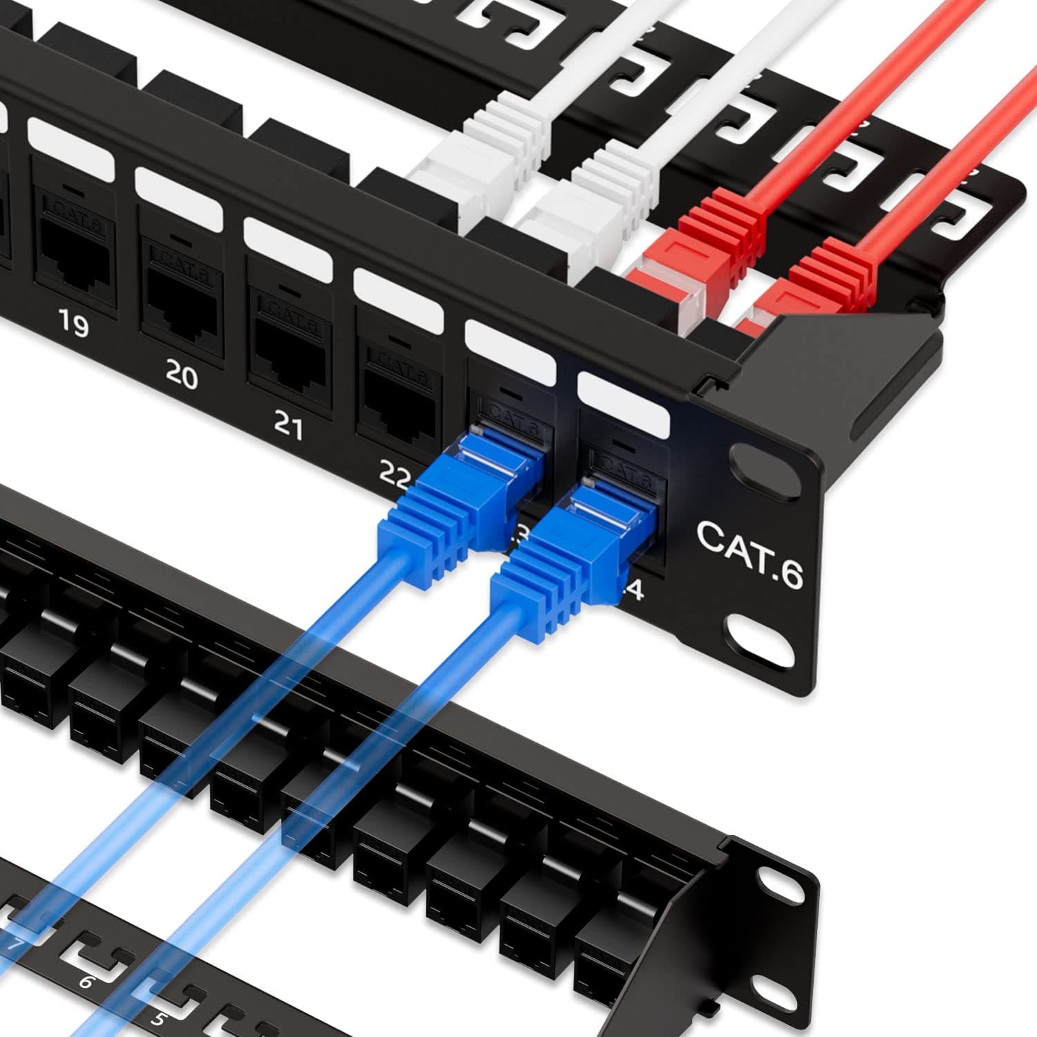 10Gbps Patch Panel 24 Port, RJ45 Through Coupler Cat6 Patch Panel UTP 19-Inch 1U with Back Bar, Wallmount or Rackmount, Compatible with Cat5, Cat5e, Cat6 Cabling