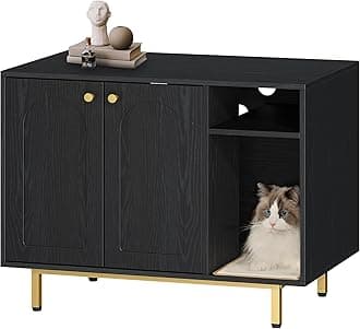 Cat Litter Box Enclosure Enclosed, Hidden Litter Box Cabinet Furniture with Storage, Wooden Indoor Cat House Large, Modern End Table for Living Room Entryway, Black and Gold CB01504G