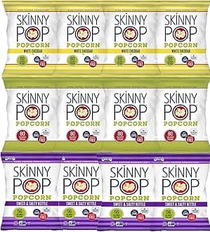 Skinny Pop Variety 12-Pack, Sweet & Salty Kettle, White Cheddar, Original, 12 - 0.5/0.8 oz Individual Bags