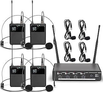 Depusheng R6 Professional UHF 4 Channel Wireless Microphone System with Wireless lavalier Headset Microphone, Metal Receiver, Perfect for Singing, Karaoke, Parties, Weddings