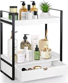 2-Tier Bathroom Organizer Countertop With Drawer, Wood Counter Shelf for Storage, Vanity Tray for Organization and Decor, Countertop Organizer for Kitchen, Office (White)