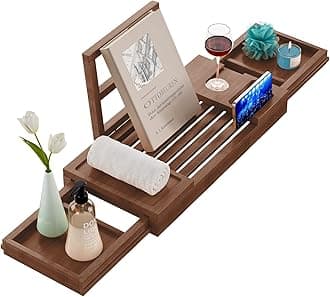 Yirilan Bamboo Bath Tray, Expandable Bath Caddy Tray, Adjustable Bamboo Bath Board with Drink Holder, Bookends and Other Functional Positions, Brown