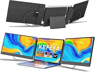KEFEYA 14" FHD 1080P IPS Triple Portable Monitor for Laptop 13-17" With USB-C/HDMI Port, Screen Extender for Windows/Mac/Chrome/Surface/Switch/PS5, Plug n Play