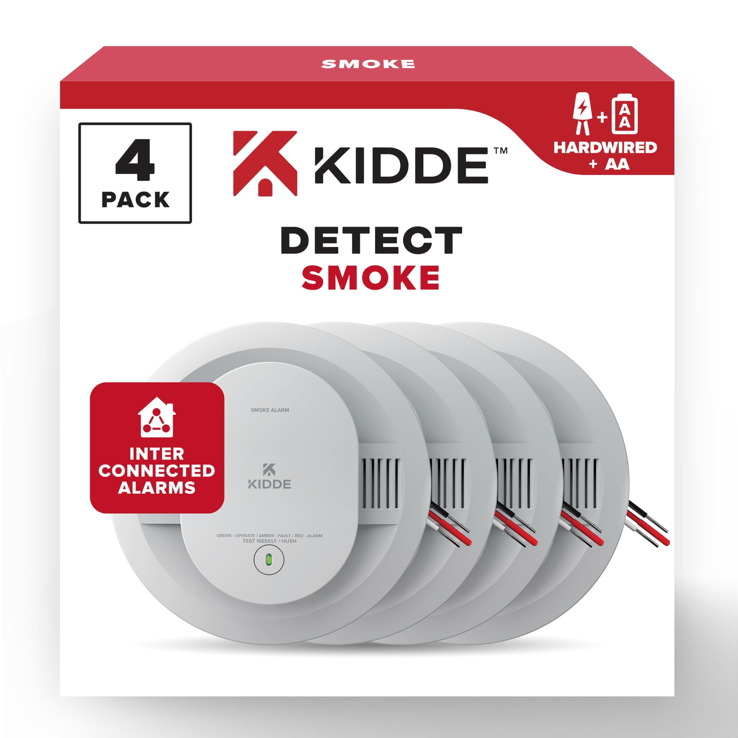 Hardwired Smoke Detector, AA Battery Backup, Interconnectable, LED Warning Light Indicators, 4 Pack