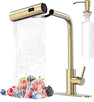 Brushed Gold Waterfall Kitchen Faucets with Pull Down Sprayer & Soap Dispenser, Single Hole & Handle, Pull Out Tap, Stainless Steel Sink Faucet, Suitable for Farmhouse Camper Laundry Rv Bar