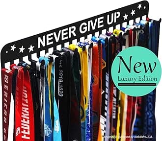 Premium Medal Display Hanger Never Give Up with 20 Hooks,Medal Hanger Display For Wall with 16inchL,race medal display Upgraded Medal Holder display with Simple Design For gymanstics,race,soccer,swim