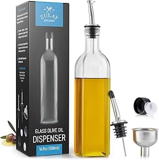 Zulay (17oz) Olive Oil Dispenser Bottle for Kitchen - Glass Olive Oil Bottle with 2 Spouts, 2 Removable Corks, 2 Caps, & 1 Funnel - Oil Bottle for Kitchen & Storing Liquids (Clear Bottle)