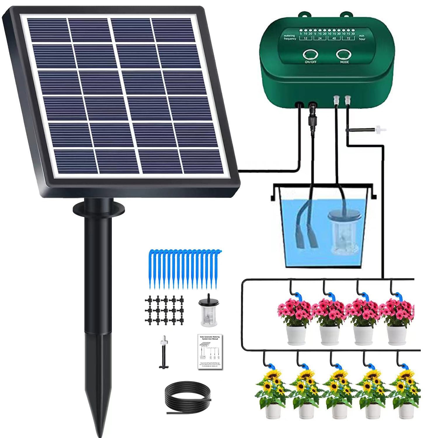 2W Solar Automatic Drip Irrigation Kit with Timer Auto Watering System Solar Powered Auto-Irrigation Set for Garden Beds Patio Lawn Plants Greenhouse Flower 50FT for 15 Plants