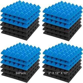JBER Acoustic Sound Foam Panels, 24 Pack 5 X 30 X 30cm/2" X 12" X 12" Blue and Black Soundproofing Treatment Studio Wall Padding Sound Absorbing Fireproof Pyramid Acoustic Treatment