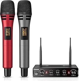 TONOR TW350 Wireless Microphones for Singing,UHF Handheld Dynamic Karaoke Mics& Receiver for Devices with XLR&6.35mm Audio Interfaz, 60 m for Karaoke, Wedding, DJ, Party, Church, TW350 Red&Grey