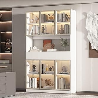 Curio Display Cabinet with Light, Storage Shelves with Pop-up Glass Doors, 3 Drawers & 3 Color Light, Collectibles Cabinet Display Shelf, Bookshelf Showcase for Living Room, White w/Hutch