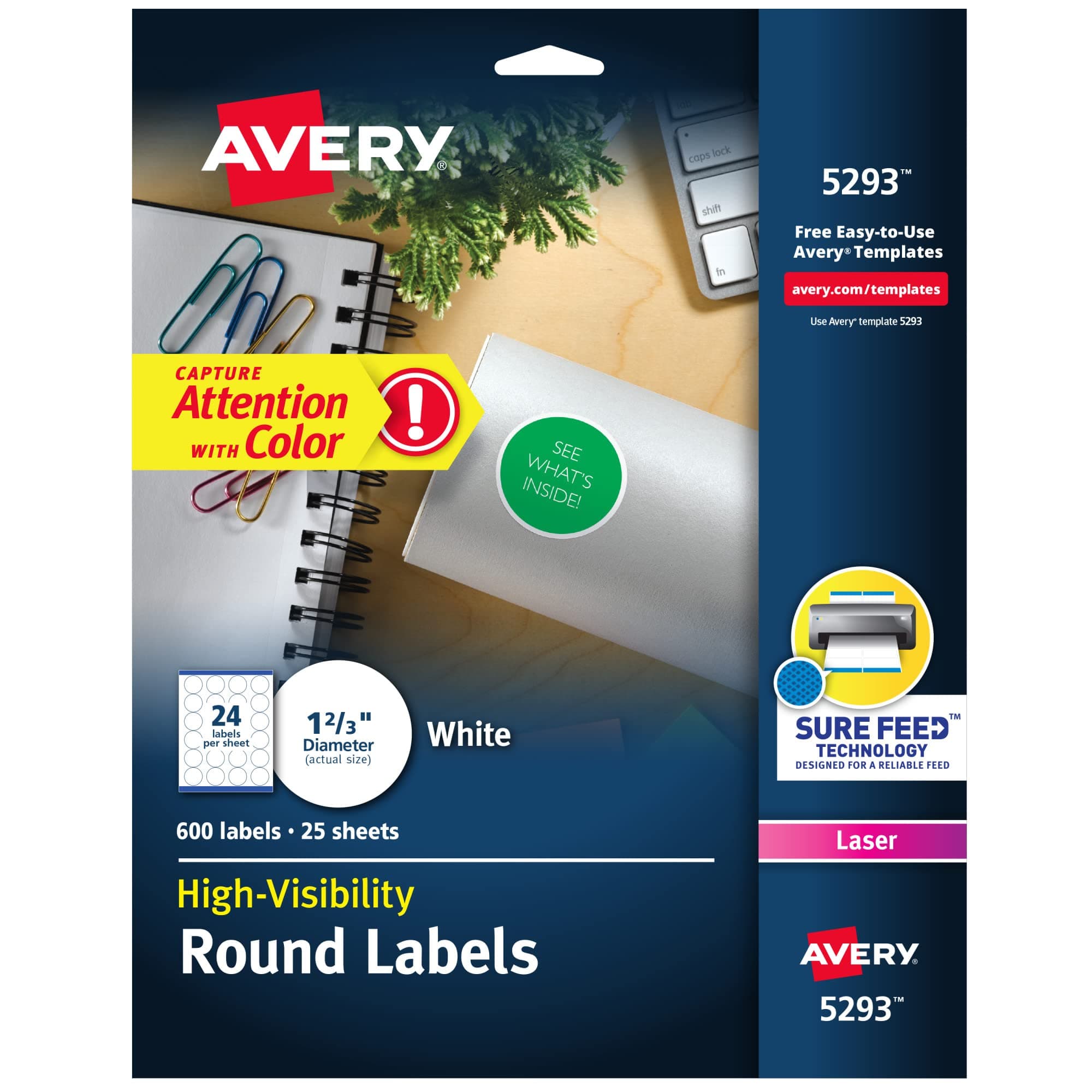 Round Printable Labels, 1-2/3" Diameter, Matte White, Sure Feed Technology, Laser & Inkjet Compatible, 600 Blank Labels Total, Great for Branding, Packages, School Supplies, and More (5293)