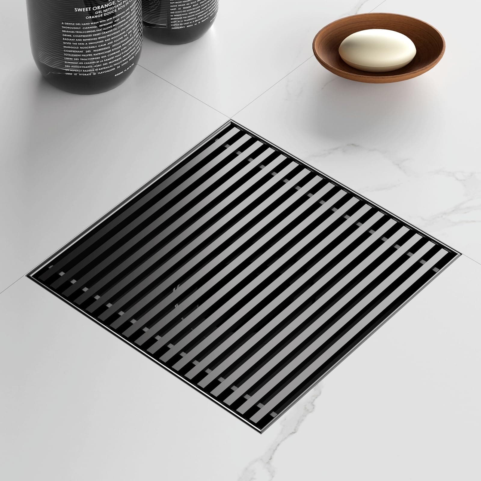 6 Inch Square Shower Drain with Removable Wedge Wire Pattern Grate, Matte Black 304 Stainless Steel Square Shower Floor Drain for Bathroom, CUPC Certified, with Hair Strainer