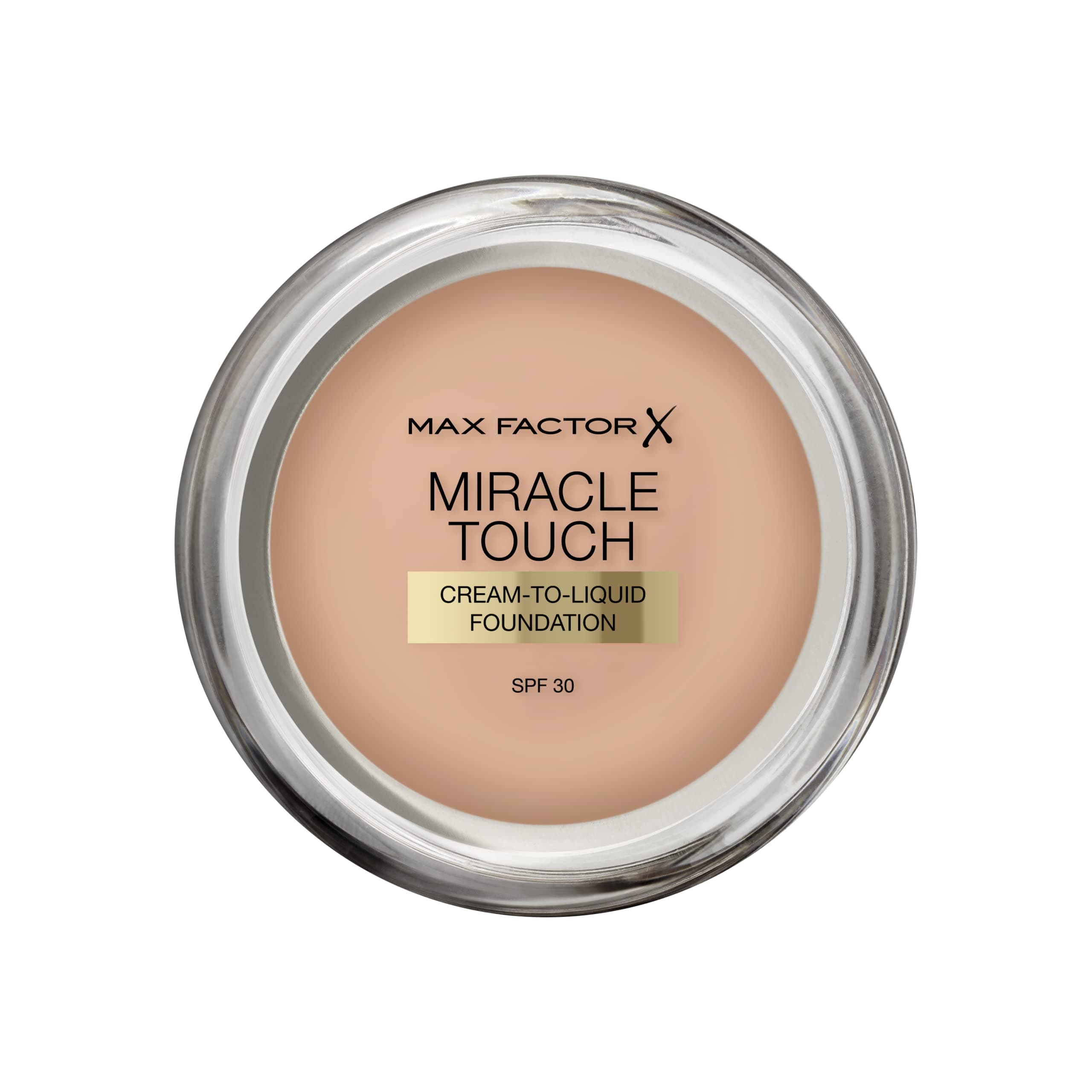 Max Factor Miracle Touch Perfecting Foundation, Warm Almond, Full Coverage, Lightweight and Moisturising Effect with Hyaluronic Acid and SPF 30 Formula, 11.5 g