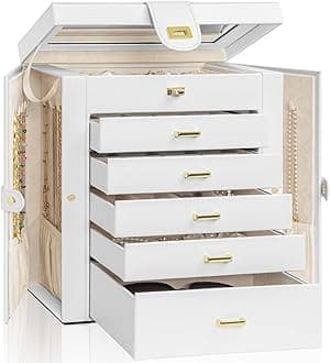 Large Jewelry Box Organizer Functional with Big Mirror, Leather Jewelry Storage Case for Women Girls Ring Necklace Earring Bracelet Holder Organizer White