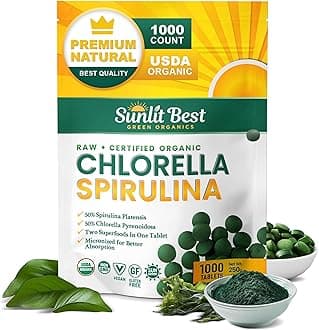 Sunlit Best Chlorella Spirulina Tablets - Organic USDA, Premium Spirulina and Chlorella Tablets 1000 Count - Sun Chlorella Pure Natural Superfood with Algae, Enzymes Chlorophyll & Vegan Protein