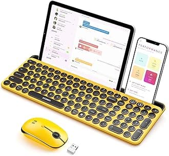 Seenda Bluetooth Keyboard and Mouse for iPad, Multi-Device Bluetooth + 2.4G Wireless Round Key Cute Keyboard Mouse with Tablet Holder for MacBook/Windows Computer, iOS/Andriod Tablet Phone Yellow