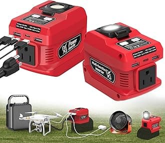 220W Power Inverter Compatible with Milwaukee 18V Battery, DC 18V to AC 110V Portable Power Station Generator with 1 AC Outlet, 2 USB Ports & 1 Type-C Fast Charging, 400LM LED Work Light (2-Pack)