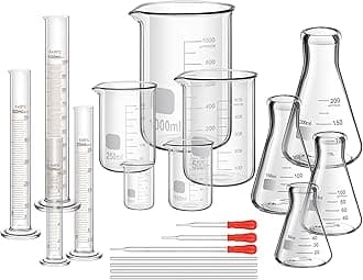 Frienda 50/100/250/500/1000ml Lab Glassware Include Graduated Cylinder, Glass Beaker Set, Glass Dropper, Stirring Rod, Measuring Cups for Laboratory Science Chemistry Supplies (20 Pcs)