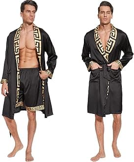 Men's Luxurious Silk Feeling Bathrobes Long Sleeve Satin Kimono Robe with Shorts Sleepwear Set Printed Bathrobes…