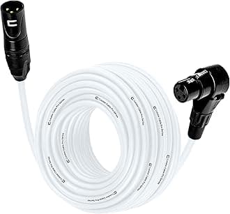 Balanced XLR Cable Male to Right Angle Female - 30 Feet White - Pro 3-Pin Microphone Connector for Powered Speakers, Audio Interface or Mixer for Live Performance & Recording