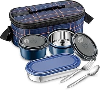 JENSONS Wonder Lunch Box with Steel Cutlery, 2 Microwave Safe and Leak Proof Inner Steel (450 ml) &1 Oval Stainless Steel Container (500 ml) with BPA Free lids Insulated Fabric Bag Blue