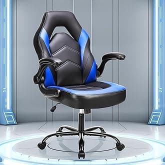 OLIXIS Computer Gaming Chair - PU Leather Ergonomic Lumbar Support with Flip-up Armrest and 360° Swivel Wheels, Height Adjustable Task Home Office Desk Video Racing, Blue